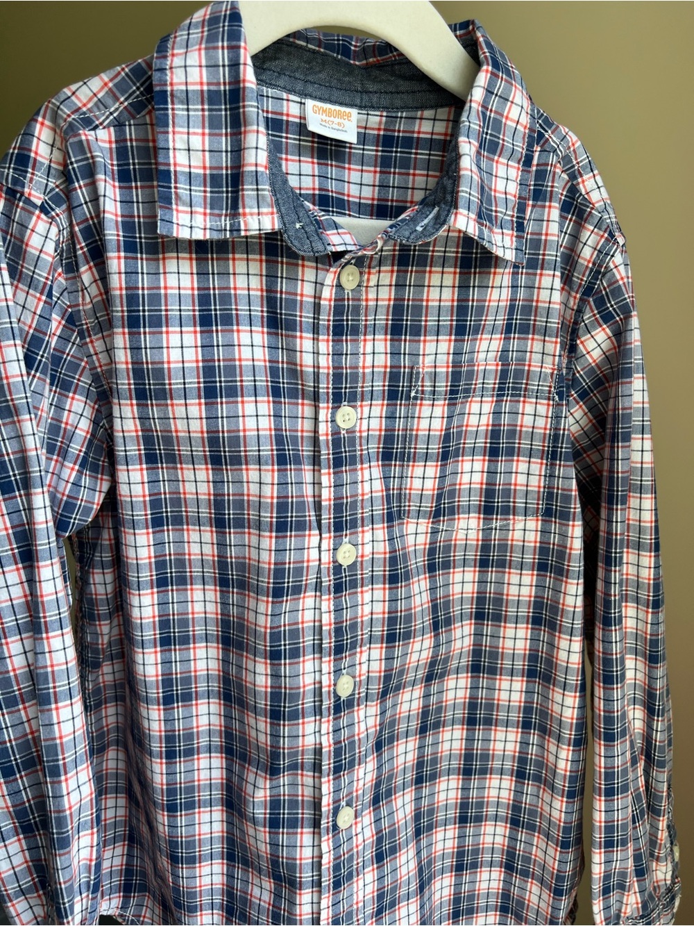 Gymboree Navy, White & Red Plaid Button-Down Shirt size 7/8   100% Cotton
